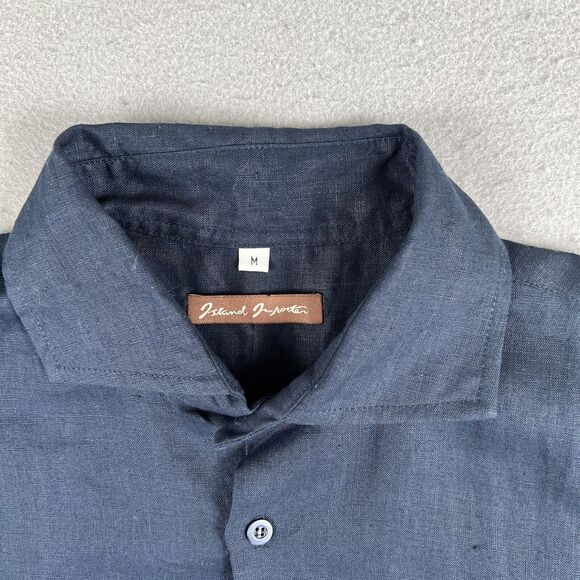 Island Importer Shirt Mens M Blue Linen‎ Short Sleeve Cutaway Collar Button Up - Picture 6 of 11